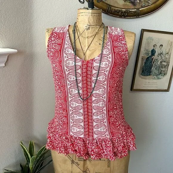 Ava Christine Red White Paisley Floral Ruffle Hem Sleeveless Blouse sz XS - Picture 2 of 9